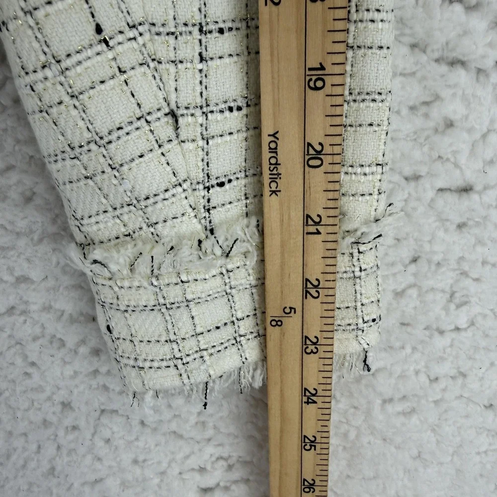 Ann Taylor Jacket Womens 0 White Tweed Moto Asymmetrical Zip Fringe‎ Lined Check